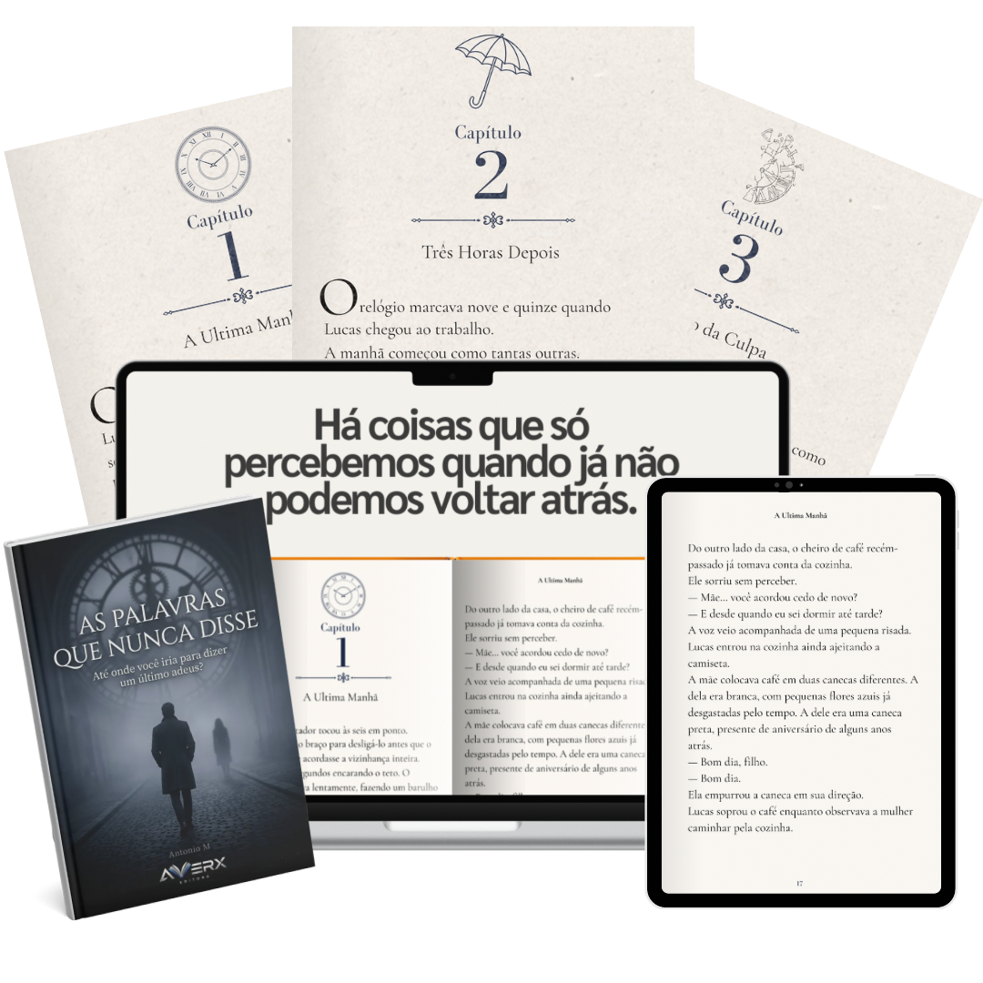 Mockup do livro As Palavras Que Nunca Disse em capa impressa, notebook e tablet